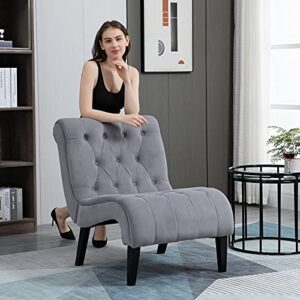 avawing armless accent chair, upholstered button tufted living room chairs with wood legs, comfy frosted velvet lounge chair reading chair for bedroom, grey