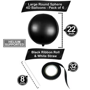 Giant 22 Inch Matte Black Foil Balloons - Pack of 6 | Black Round Balloons 360 Degree 4D Metallic Black Balloons | Black Birthday Decorations | Black Metallic Balloons, Graduation Decorations 2023