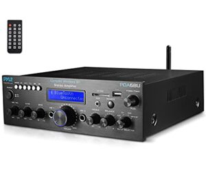 pyle wireless bluetooth power amplifier system - 200w dual channel sound audio stereo receiver w/ usb, sd, aux, mic w/ echo, radio, lcd - for home theater entertainment via rca, studio use - pda6bu.6