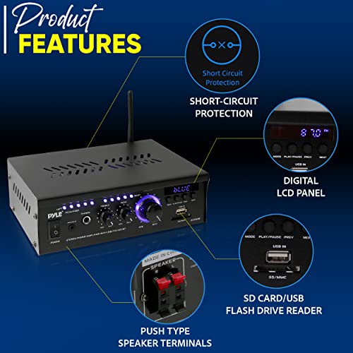 Pyle Bluetooth Mini Stereo Power Amplifier - 2x120W Dual Channel Sound Audio Receiver Entertainment w/Remote, for Amplified Speakers, CD DVD, MP3, Theater via 3.5mm RCA Input, Studio Use - PCAU48BT.5