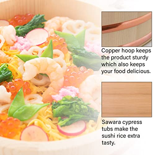 TIKUSAN Wooden Hangiri Sushi Rice Mixing Tub Copper Band Made in Japan Made of Sawara Cypress Sushi Rice Bowl Sushi Oke (10.6" (27cm))