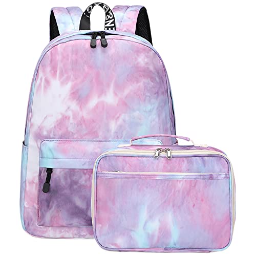 mygreen Lightweight Water Resistant Backpacks for Teen Girls School Backpack with Lunch Bag Tie Dye Ink Purple