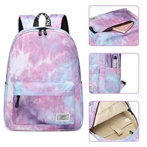 mygreen Lightweight Water Resistant Backpacks for Teen Girls School Backpack with Lunch Bag Tie Dye Ink Purple