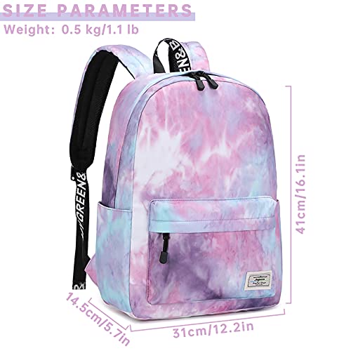 mygreen Lightweight Water Resistant Backpacks for Teen Girls School Backpack with Lunch Bag Tie Dye Ink Purple