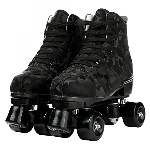 Womens Roller Skates Classic High-top Roller Skates Four-Wheel Roller Skates Shiny Camouflage Roller Skates for Adult Youth Boys Girls Outdoor with Shoes Bag (Black camo,41-US:9)