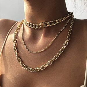 jwicos silver miami cuban link chain for women and girls chunky chain necklace with three layer boho bohemia choker (silver)