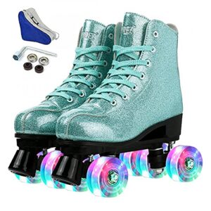 comeon roller skates for women pu leather roller skates high-top leather for beginners teens for woman,girls and boys,adult (green crystal,flash wheel,250/uk5.5/eur38)
