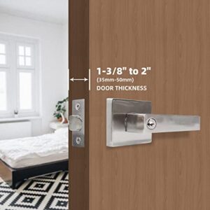 TooCust Square Front Door Handle with Lock, Heavy Duty Door Lock with Key, Brushed Nickel Door Levers with Adjustable Latch, Front Door Lock for Exterior/Interior, Left/Right Hand Reversible