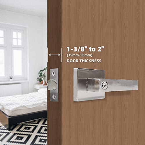 TooCust Square Front Door Handle with Lock, Heavy Duty Door Lock with Key, Brushed Nickel Door Levers with Adjustable Latch, Front Door Lock for Exterior/Interior, Left/Right Hand Reversible