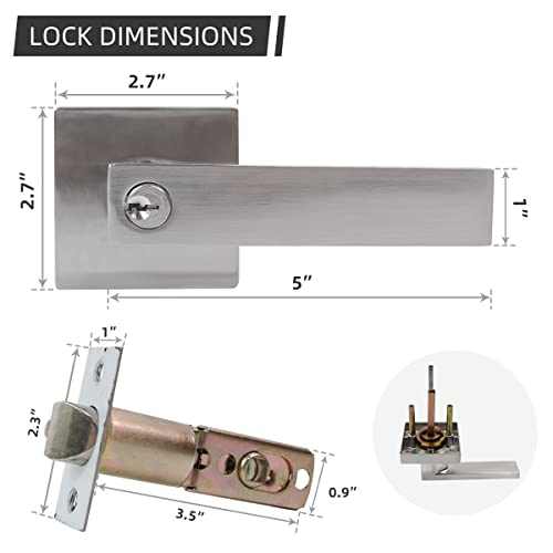 TooCust Square Front Door Handle with Lock, Heavy Duty Door Lock with Key, Brushed Nickel Door Levers with Adjustable Latch, Front Door Lock for Exterior/Interior, Left/Right Hand Reversible