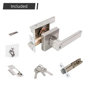 TooCust Square Front Door Handle with Lock, Heavy Duty Door Lock with Key, Brushed Nickel Door Levers with Adjustable Latch, Front Door Lock for Exterior/Interior, Left/Right Hand Reversible