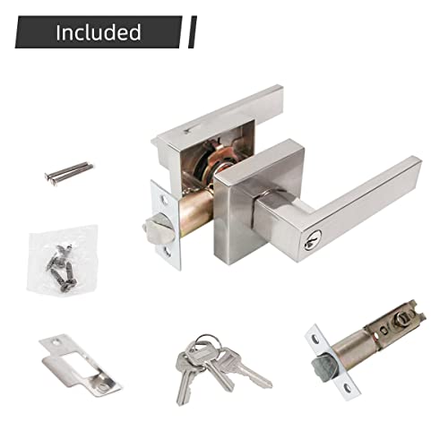 TooCust Square Front Door Handle with Lock, Heavy Duty Door Lock with Key, Brushed Nickel Door Levers with Adjustable Latch, Front Door Lock for Exterior/Interior, Left/Right Hand Reversible