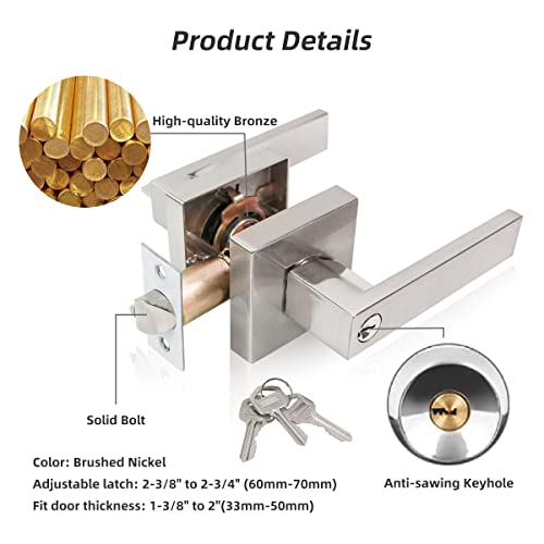 TooCust Square Front Door Handle with Lock, Heavy Duty Door Lock with Key, Brushed Nickel Door Levers with Adjustable Latch, Front Door Lock for Exterior/Interior, Left/Right Hand Reversible