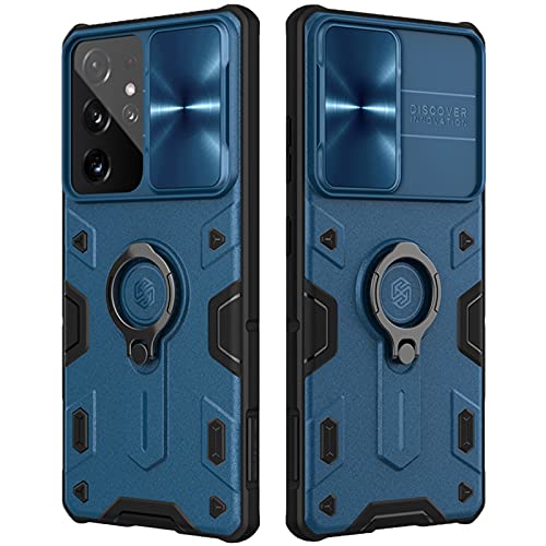 CloudValley for Galaxy S21 Ultra Case with Camera Cover & Kickstand, Slide Lens Protection+360° Rotate Ring Stand, Impact-Resistant, Shockproof, Protective Bumper Case for Samsung S21 Ultra 5G, Blue