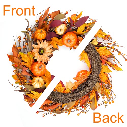 HomeKaren Fall Wreaths for Front Door 22 Inch, Autumn Wreath with Berry Pumpkin, Maple Leaves, Thanksgiving Harvest Festival Decorations Indoor and Outdoor