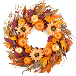 homekaren fall wreaths for front door 22 inch, autumn wreath with berry pumpkin, maple leaves, thanksgiving harvest festival decorations indoor and outdoor