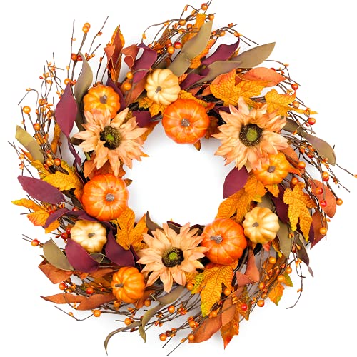 HomeKaren Fall Wreaths for Front Door 22 Inch, Autumn Wreath with Berry Pumpkin, Maple Leaves, Thanksgiving Harvest Festival Decorations Indoor and Outdoor