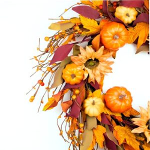 HomeKaren Fall Wreaths for Front Door 22 Inch, Autumn Wreath with Berry Pumpkin, Maple Leaves, Thanksgiving Harvest Festival Decorations Indoor and Outdoor