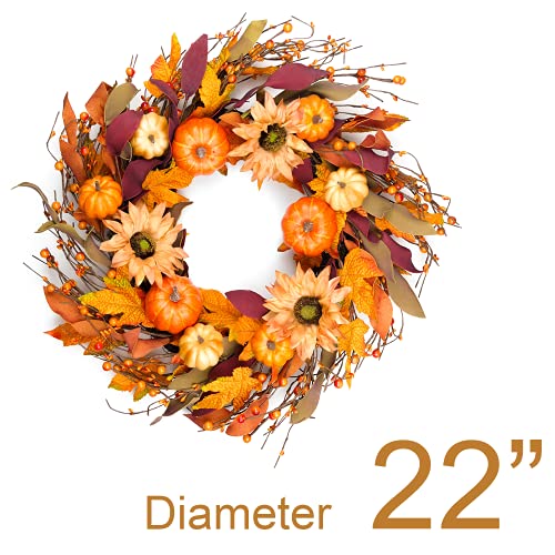 HomeKaren Fall Wreaths for Front Door 22 Inch, Autumn Wreath with Berry Pumpkin, Maple Leaves, Thanksgiving Harvest Festival Decorations Indoor and Outdoor