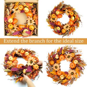 HomeKaren Fall Wreaths for Front Door 22 Inch, Autumn Wreath with Berry Pumpkin, Maple Leaves, Thanksgiving Harvest Festival Decorations Indoor and Outdoor