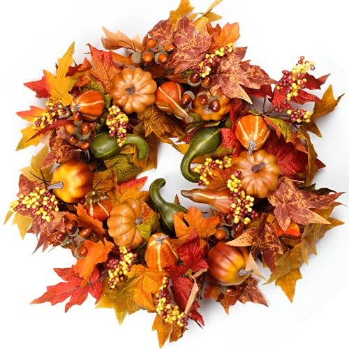 HomeKaren Fall Wreaths for Front Door 22 inch, Fall Door Wreath with Pumpkin, Maple Leaves Autumn Thanksgiving Harvest Festival Decorations Indoor and Outdoor