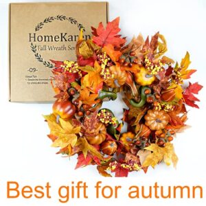 HomeKaren Fall Wreaths for Front Door 22 inch, Fall Door Wreath with Pumpkin, Maple Leaves Autumn Thanksgiving Harvest Festival Decorations Indoor and Outdoor