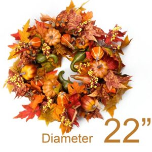 HomeKaren Fall Wreaths for Front Door 22 inch, Fall Door Wreath with Pumpkin, Maple Leaves Autumn Thanksgiving Harvest Festival Decorations Indoor and Outdoor