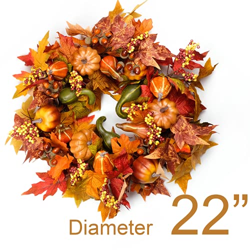 HomeKaren Fall Wreaths for Front Door 22 inch, Fall Door Wreath with Pumpkin, Maple Leaves Autumn Thanksgiving Harvest Festival Decorations Indoor and Outdoor