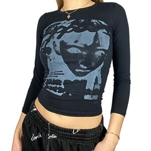 womens face portrait print crop top y2k e-girls 90s long sleeve shirt graphic print slim fit blouse tops(c-black print top,s)