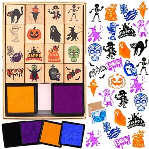 howaf 16pcs halloween stamps for kids crafts with ink pad 4pcs, wooden stamps for kids halloween diy scrapbooking card making, halloween party bag fillers for kids halloween party favor gift
