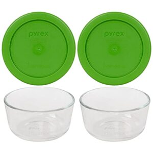 pyrex (2) 7202 glass bowls & (2) pyrex 7202-pc lawn green lids made in the usa