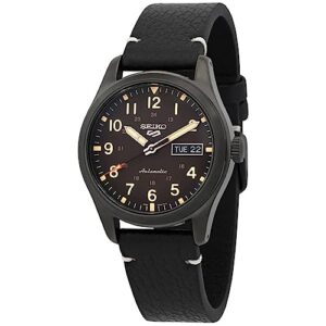 seiko srpg41 watch for men - 5 sports - automatic with manual winding movement, black dial, stainless steel case with black ion finish, black leather strap, and 100m water resistant