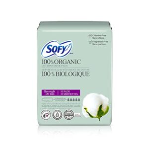 sofy organic cotton sanitary pads for women - certified overnight napkins, super absorbent, chemical free, unscented, postpartum, ultra thin, leak protection (overnight), 10 count (pack of 1)