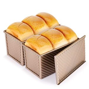 flexzion pullman loaf pan with lid cover (2 pack) for baking oven sandwich bread toast - 1lb dough capacity square corrugated cake mold non-stick carbon steel box bakeware kitchen accessories (gold)