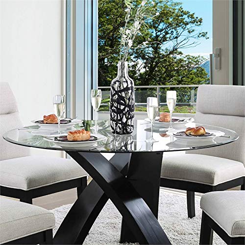 BOWERY HILL 52" Glass Top Round Modern Solid Wood Dining Table in Black