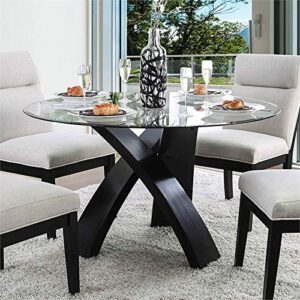 bowery hill 52" glass top round modern solid wood dining table in black