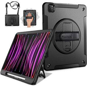 miesherk case: military grade heavy duty shockproof cover for ipad pro 12.9 inch 6th/5th generation- pencil holder - rotating stand - hand/shoulder strap - black