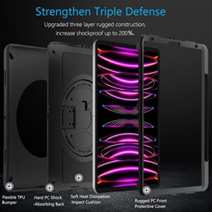 Miesherk Case: Military Grade Heavy Duty Shockproof Cover for iPad Pro 12.9 Inch 6th/5th Generation- Pencil Holder - Rotating Stand - Hand/Shoulder Strap - Black