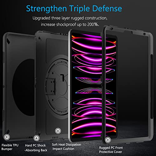 Miesherk Case: Military Grade Heavy Duty Shockproof Cover for iPad Pro 12.9 Inch 6th/5th Generation- Pencil Holder - Rotating Stand - Hand/Shoulder Strap - Black