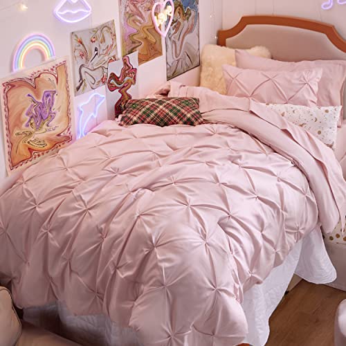 Bedsure Pink Twin Comforter Set for Girls - 5 Pieces Twin Bedding Sets, Pinch Pleat Pink Twin Bed in a Bag with Comforter, Sheets, Pillowcase & Sham, Kids Bedding Set