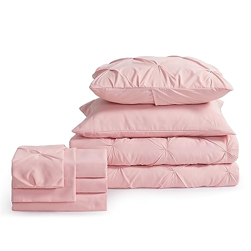 Bedsure Pink Twin Comforter Set for Girls - 5 Pieces Twin Bedding Sets, Pinch Pleat Pink Twin Bed in a Bag with Comforter, Sheets, Pillowcase & Sham, Kids Bedding Set