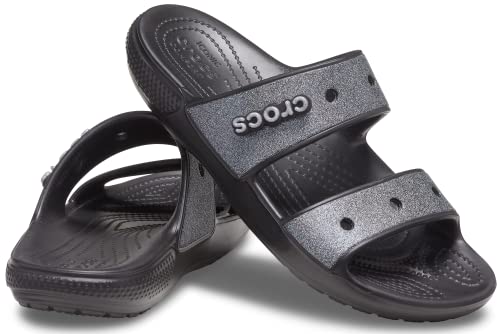 Crocs Unisex Classic Graphic Two-Strap Slide Sandals, Black/Black, 9 US Women