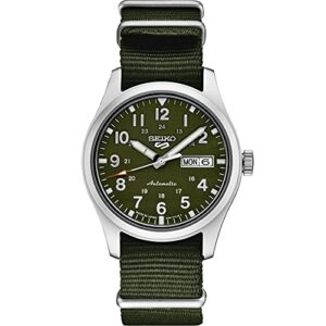 seiko srpg33 watch for men - 5 sports - automatic with manual winding movement, green dial, stainless steel case, green nylon strap, 100m water resistant, and day/date display