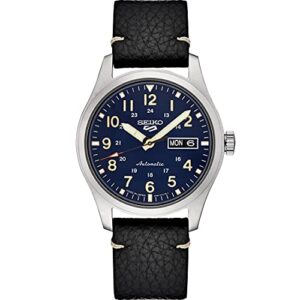 seiko srpg39 watch for men - 5 sports - automatic with manual winding movement, blue dial, stainless steel case, black leather strap, 100m water resistant, and day/date display