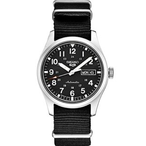 seiko srpg37 watch for men - 5 sports - automatic with manual winding movement, black dial, stainless steel case, black nylon strap, 100m water resistant, and day/date display