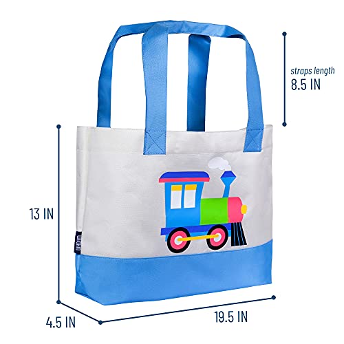 Wildkin Tote Bag for Kids & Adults, Measures 19.5 x 13 x 4.5 Inches, Polyester Fabric Travel Tote Bags, Two Durable Carrying Handles with Moisture-Resistant Interior Lining (Trains, Planes & Trucks)