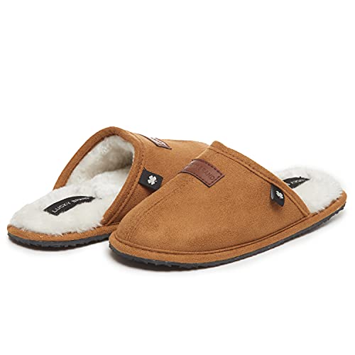 Lucky Brand Boy's Micro-Suede Scuff Slippers, Kids House Shoes with Plush Lining - Tan, Size 2/3