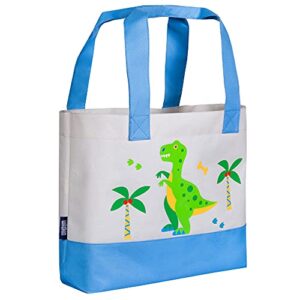 wildkin tote bag for kids & adults, measures 19.5 x 13 x 4.5 inches, polyester fabric travel tote bags, features two durable carrying handles with moisture-resistant interior lining (dinosaur land)