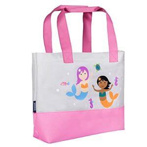 wildkin tote bag for kids & adults, measures 19.5 x 13 x 4.5, polyester fabric travel tote bags, features two durable carrying handles with moisture-resistant interior lining (mermaids)