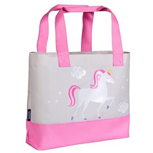 wildkin tote bag for kids & adults, measures 19.5 x 13 x 4.5 inches, polyester fabric travel tote bags, features two durable carrying handles with moisture-resistant interior lining (unicorns)
